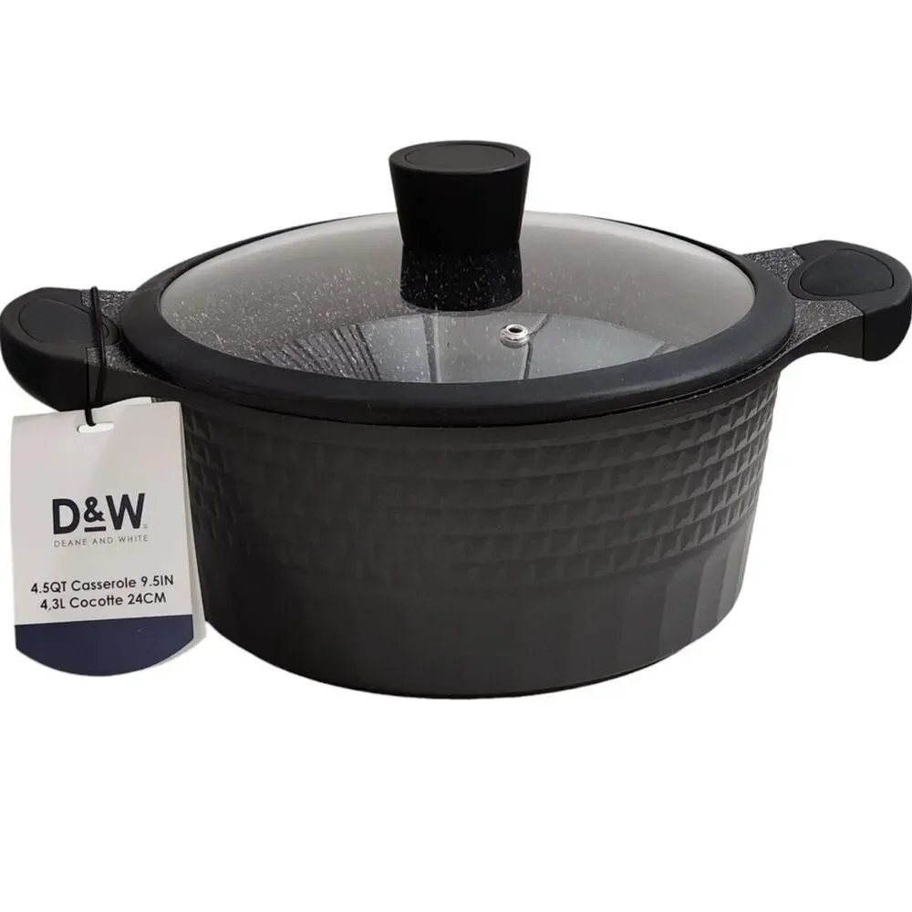 D&W Cookware 9.5in Non Stick Stockpot Casserole‎ Pot With Glass Lid 4.5QT Black